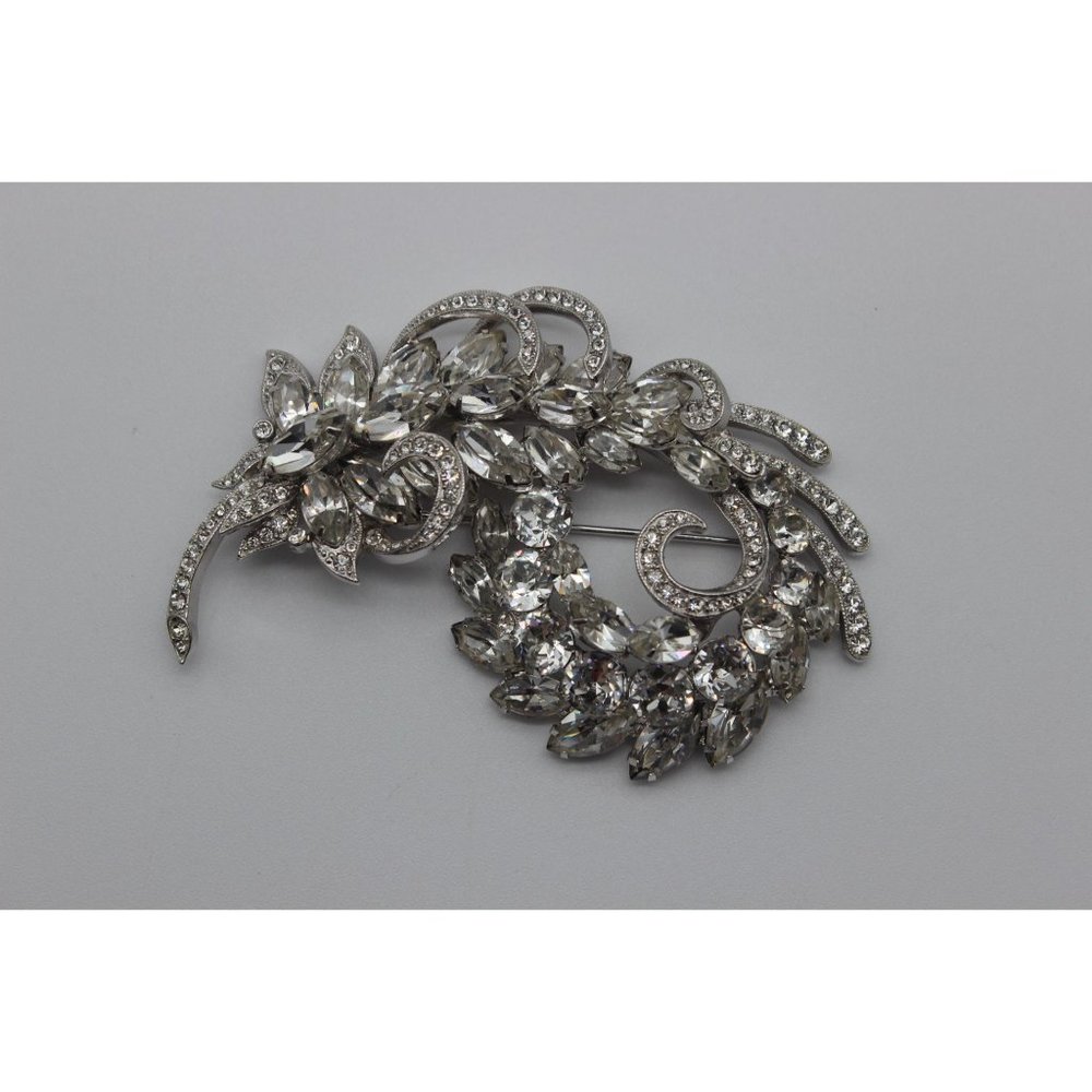 Vintage 40s 50s Eisenberg Ice clear rhinestone floral swag leaf wedding brooch